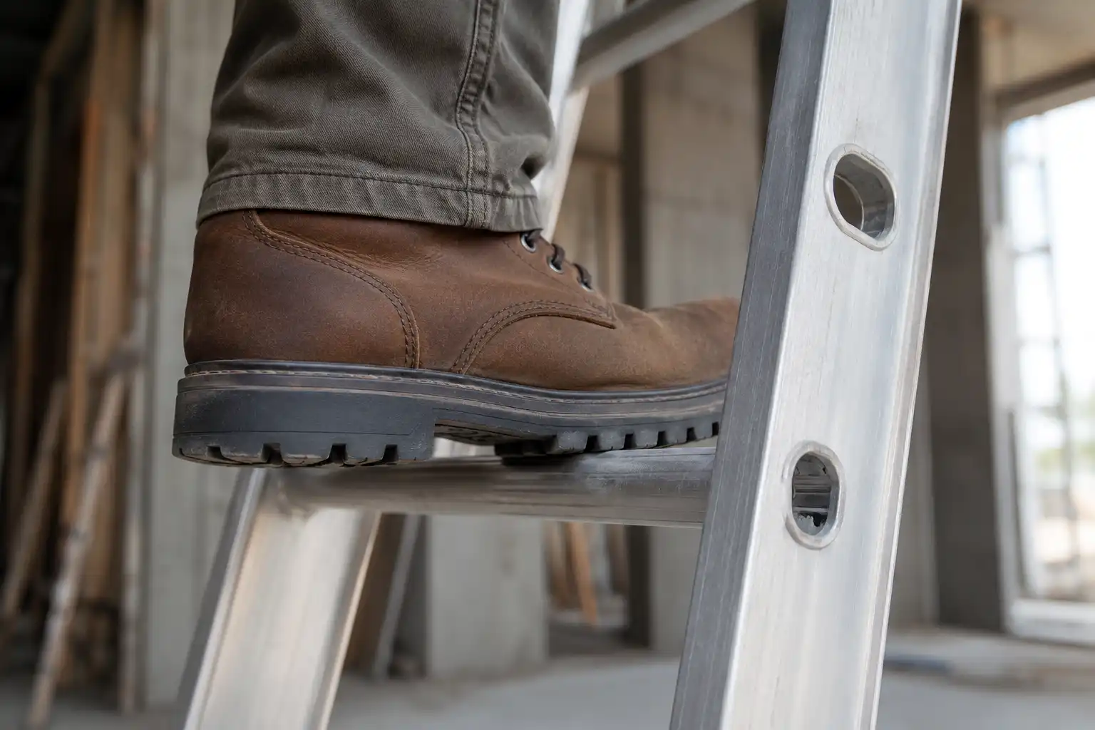 Worker's hiking boot on an aluminum ladder rung showing how deep lugs sit unevenly instead of resting flat on the rung