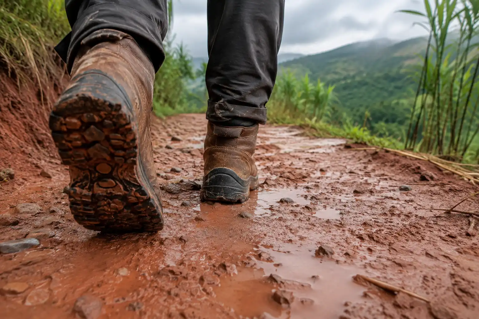 Lugged hiking boots gripping slick red clay on an unpaved hill road after rainfall