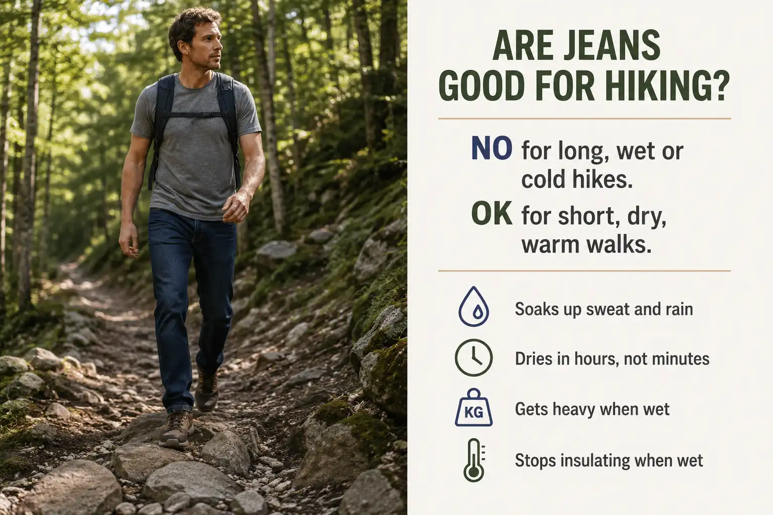 Hiker in jeans on a rocky trail beside a verdict panel comparing denim and hiking pants