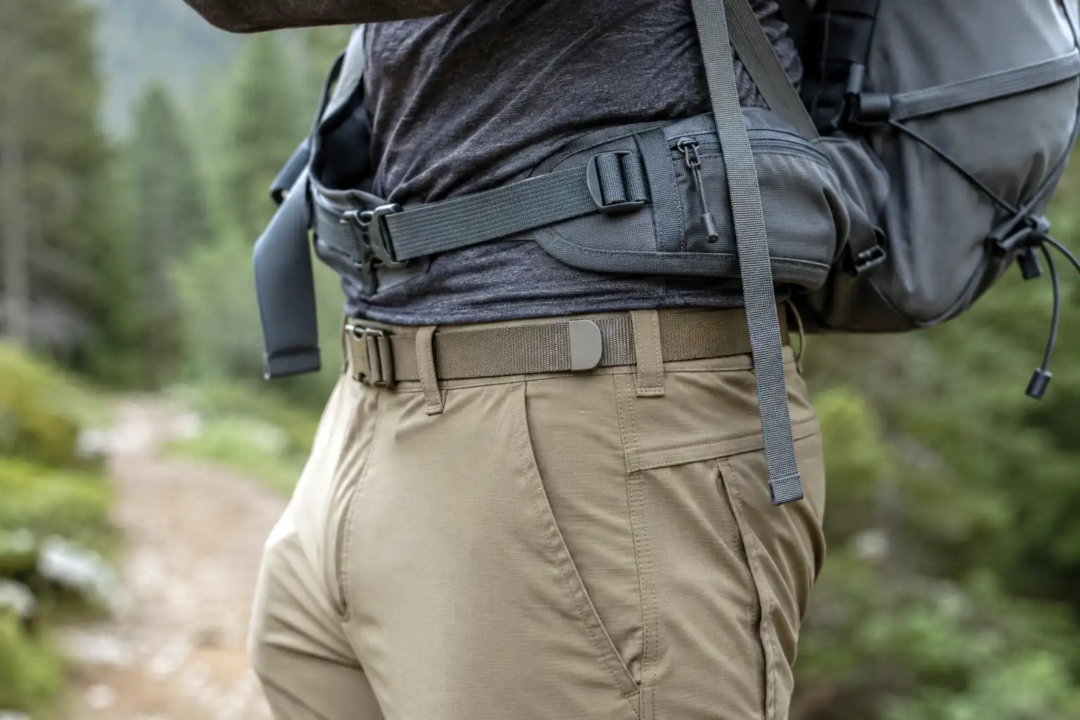 Side view of a hiker's waist showing a low profile hiking pant waistband with an integrated webbing belt sitting flat beneath the padded hip belt of a loaded backpack