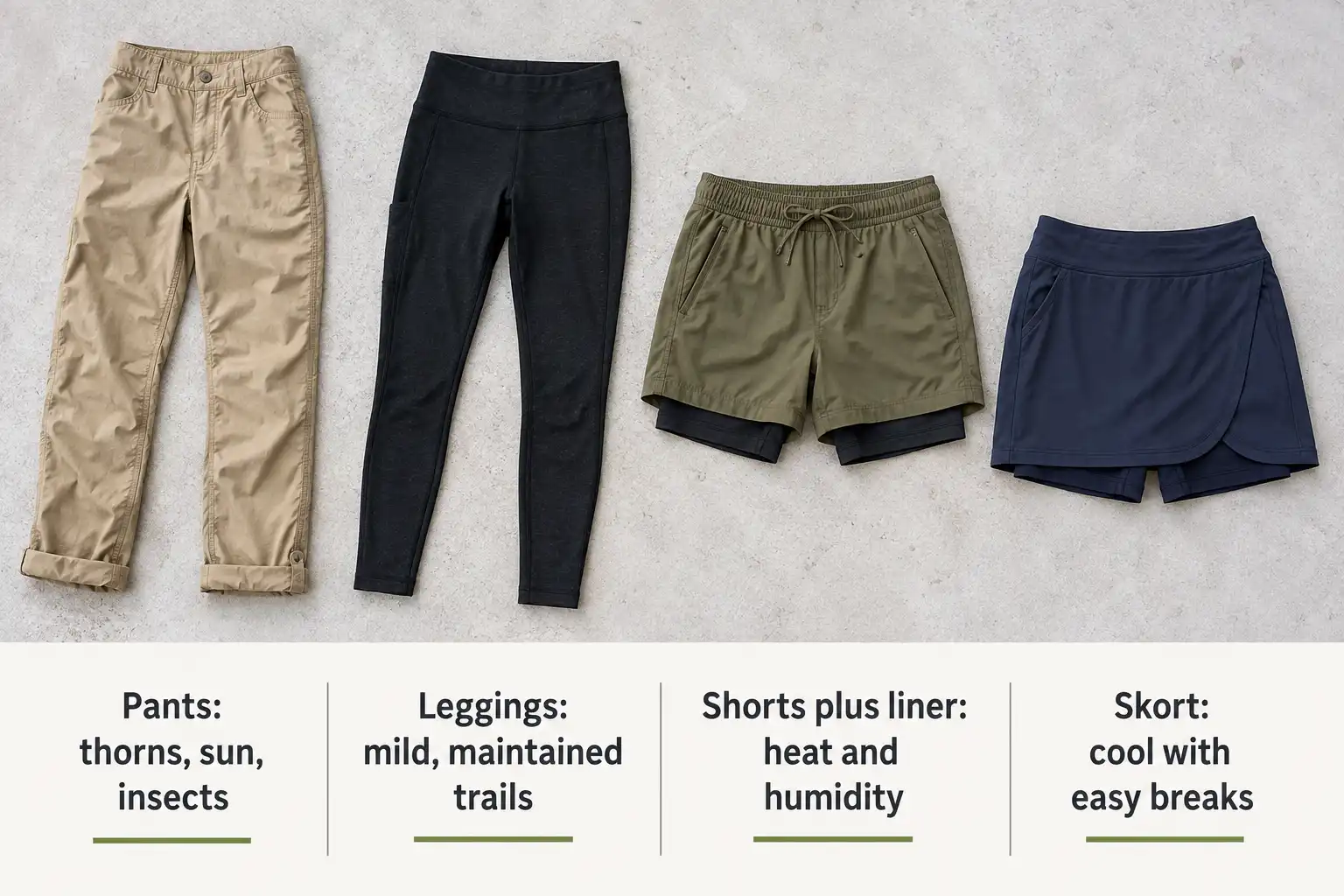 Four women's hiking bottoms shown side by side with notes on which terrain suits nylon pants, hiking leggings, shorts with liner, and a hiking skort