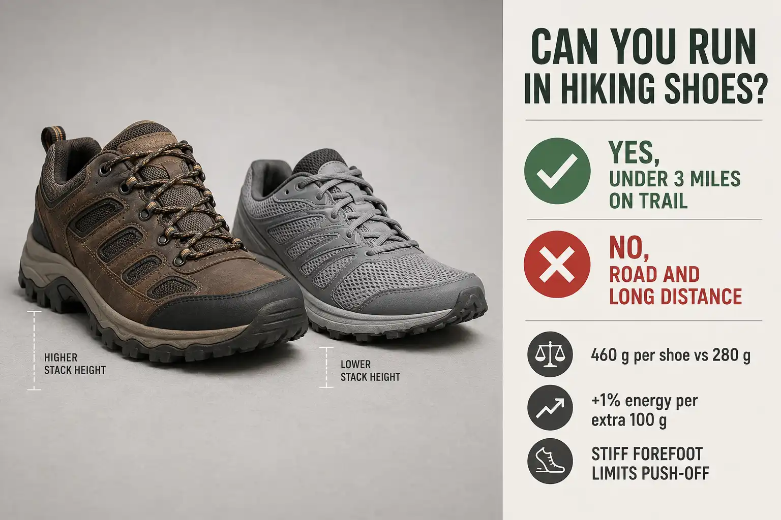 Comparison of a hiking shoe and a trail running shoe showing that hiking shoes suit short trail runs under three miles but not road or long distance running