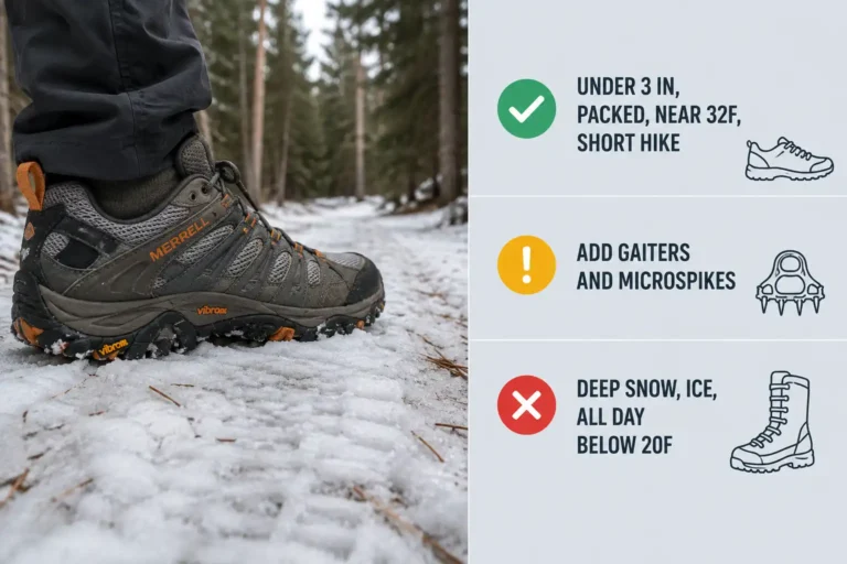 Low cut hiking shoe standing in shallow packed snow beside a chart showing that hiking shoes work under three inches of snow near freezing and boots are needed beyond that