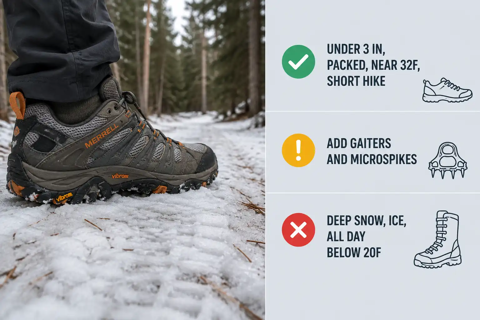 Low cut hiking shoe standing in shallow packed snow beside a chart showing that hiking shoes work under three inches of snow near freezing and boots are needed beyond that