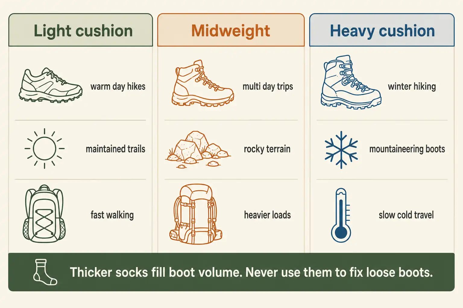 Chart matching light, midweight and heavy cushion hiking socks to terrain, season and pack weight