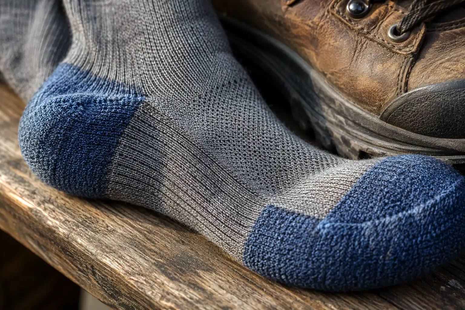 A merino blend hiking sock showing terry cushioning at the heel and a ribbed compression arch band