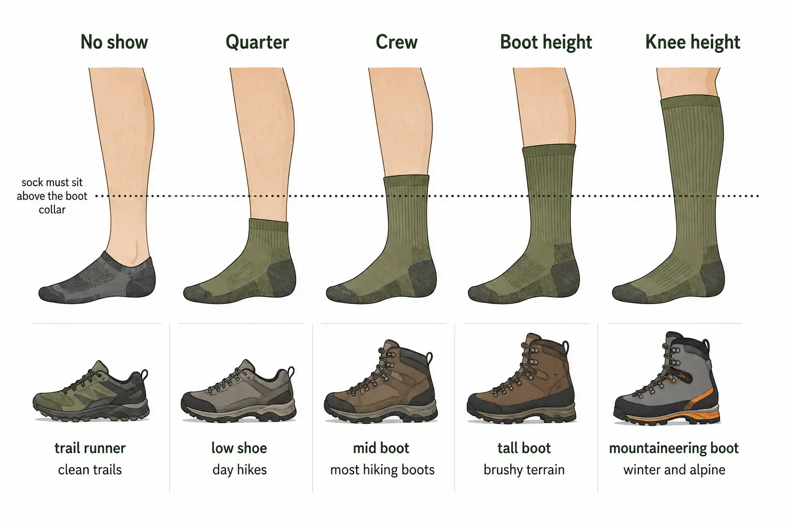 Diagram comparing no show, quarter, crew, boot and knee height hiking socks against different footwear