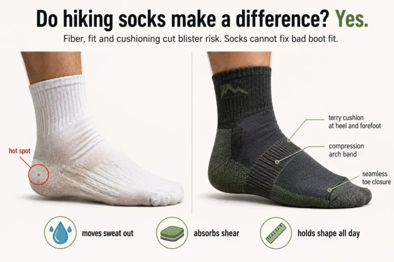 Cotton sock with a heel hot spot beside a merino blend hiking sock labeled with cushioning, seamless toe and arch band