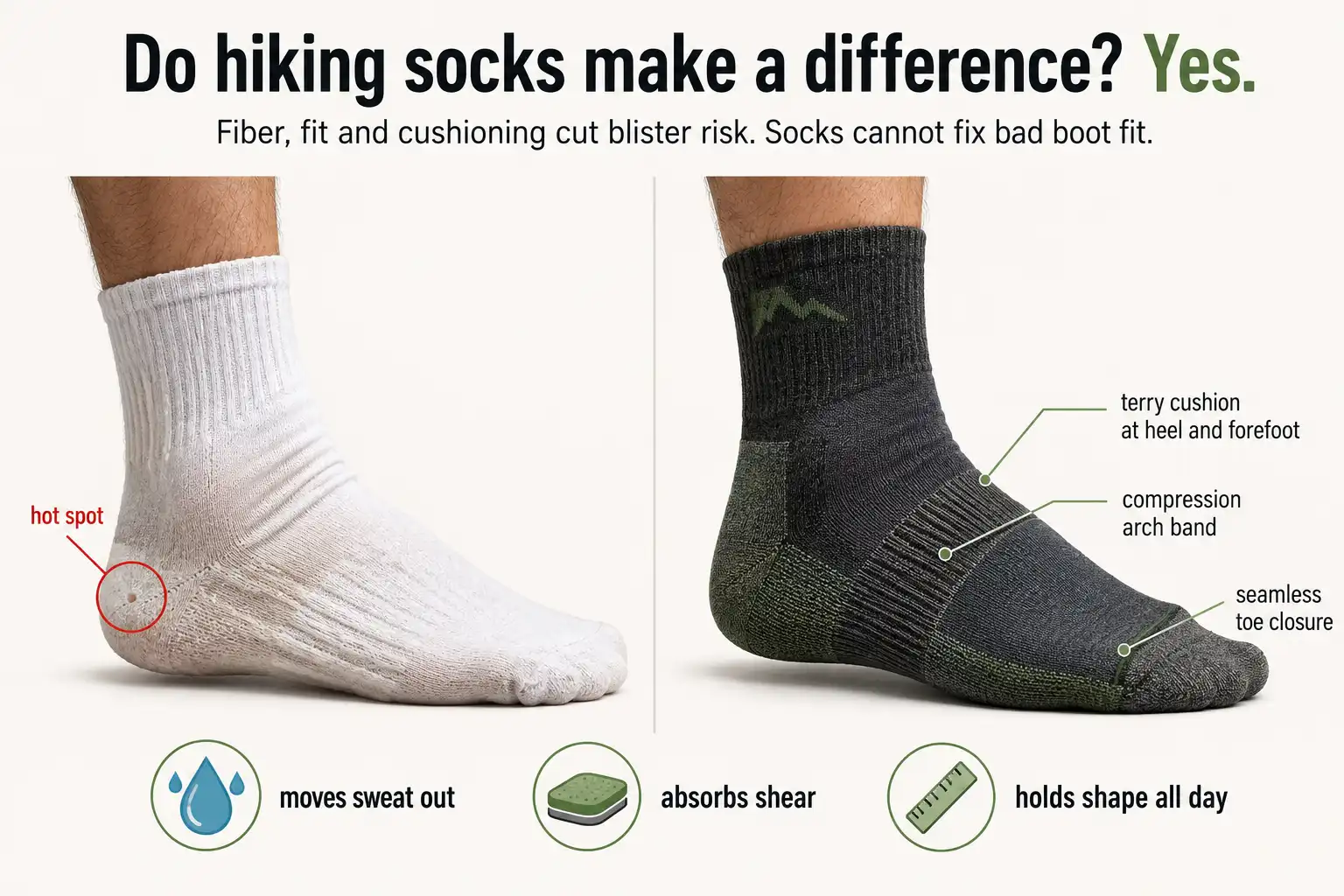 Cotton sock with a heel hot spot beside a merino blend hiking sock labeled with cushioning, seamless toe and arch band