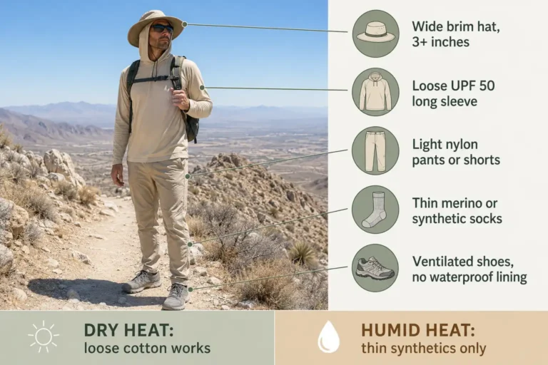 Labeled hot weather hiking outfit showing a UPF 50 long sleeve shirt, light nylon pants, wide brim hat, thin socks and ventilated trail shoes