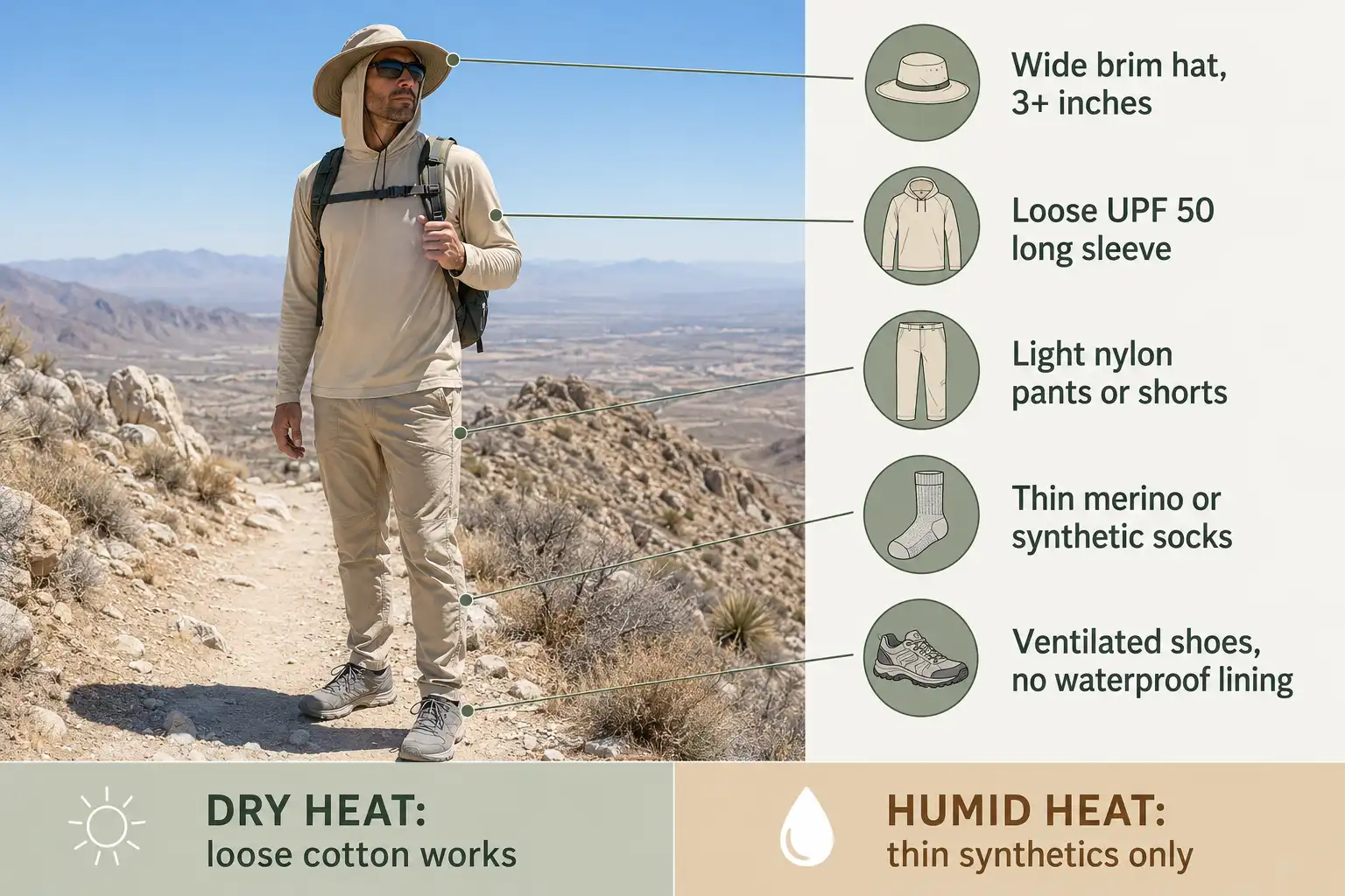 Labeled hot weather hiking outfit showing a UPF 50 long sleeve shirt, light nylon pants, wide brim hat, thin socks and ventilated trail shoes