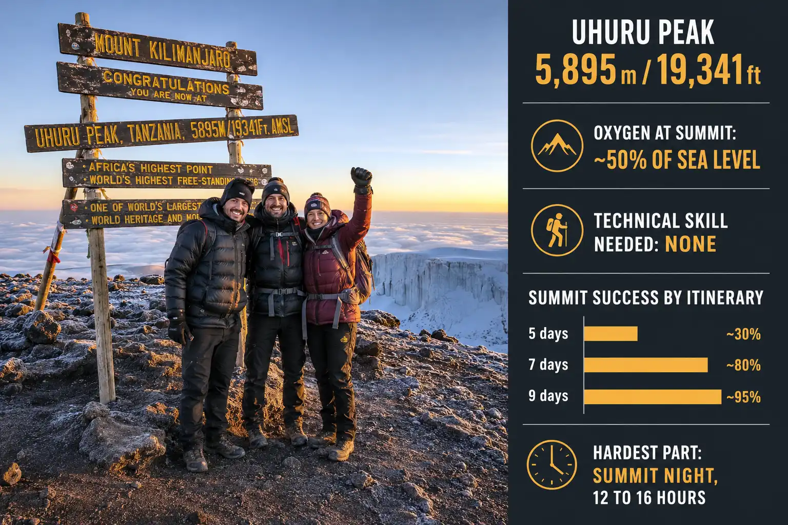 Climbers at the Uhuru Peak sign on Kilimanjaro beside a panel showing the summit height, oxygen level, and summit success rates by route length