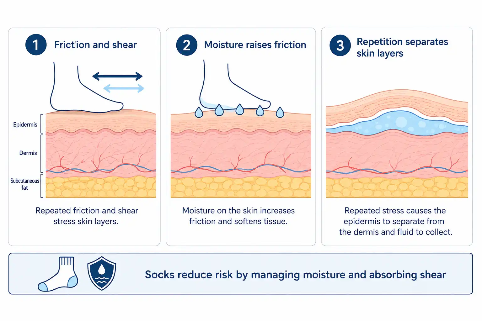 Infographic of the three conditions that cause friction blisters and how skin layers separate