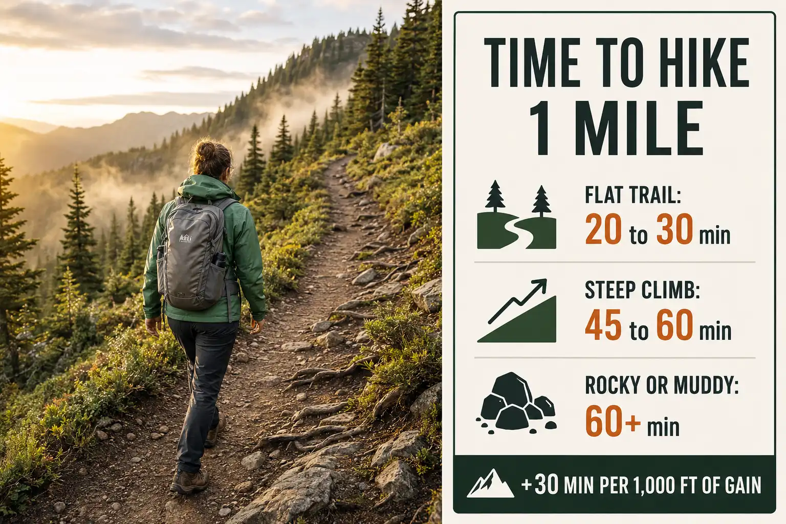 Hiker on a mountain trail beside a chart of hiking times of 20 to 30 minutes per flat mile and 45 to 60 minutes per steep mile