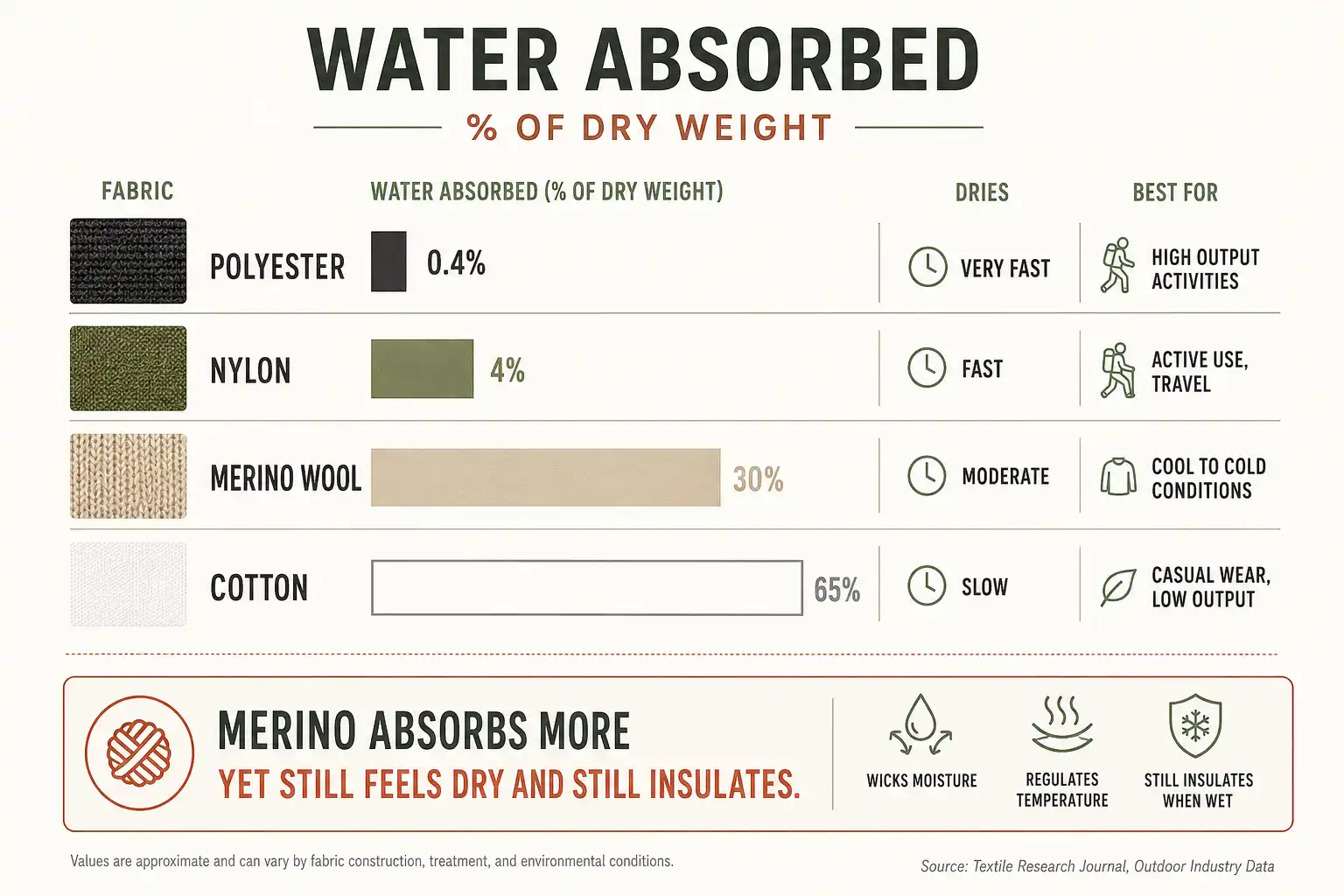 Chart comparing water absorption of polyester, merino wool, nylon, and cotton with drying speed and the conditions each fabric suits best