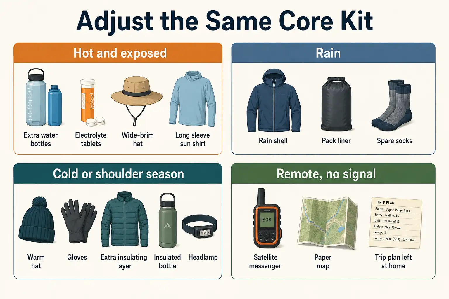 Infographic about what to add to a day hike packing list for hot weather, rain, cold season, and remote trails with no phone signal