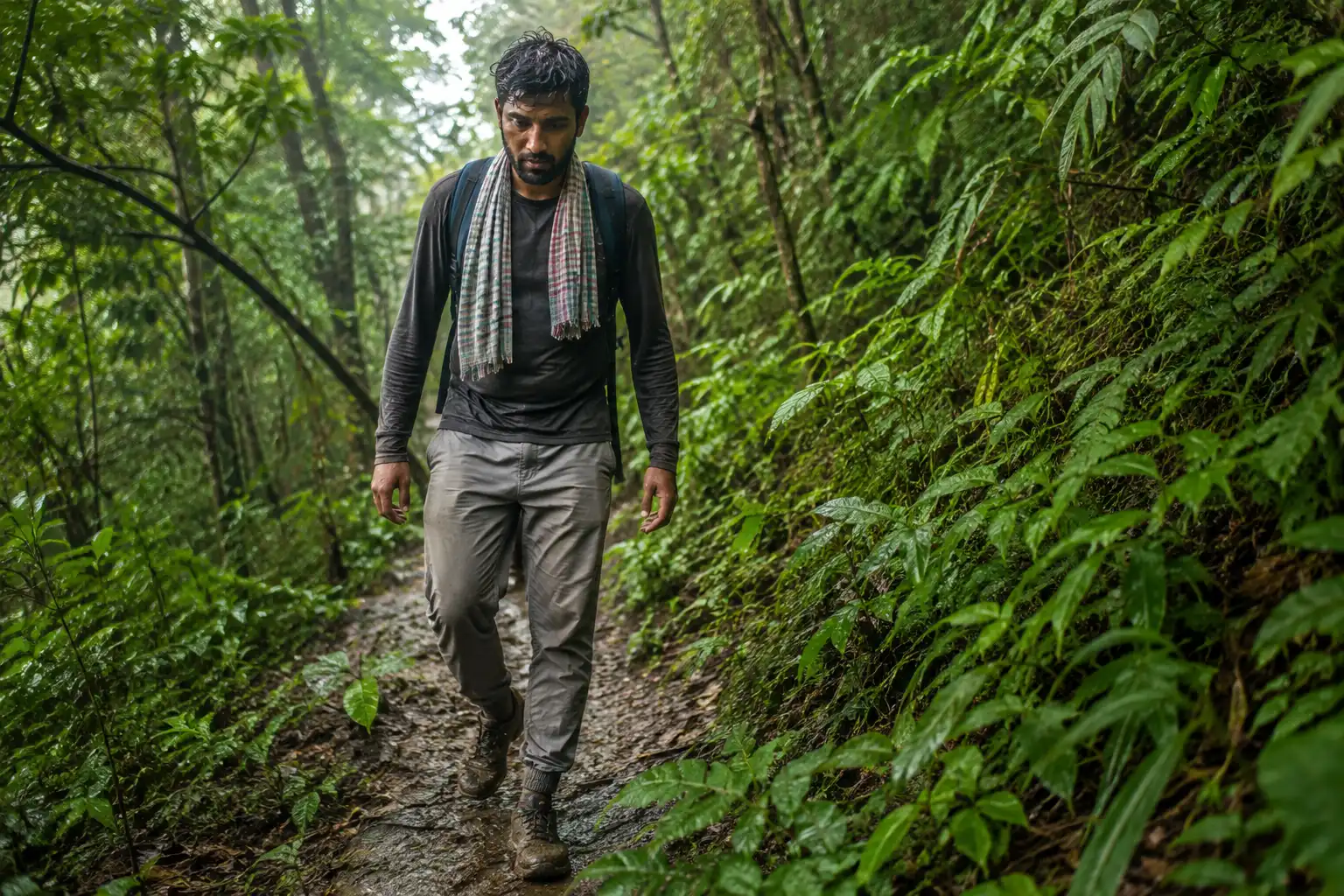 Hiker in a thin long sleeve shirt and light nylon pants on a damp green forest trail in the hills near Kaptai, Bangladesh