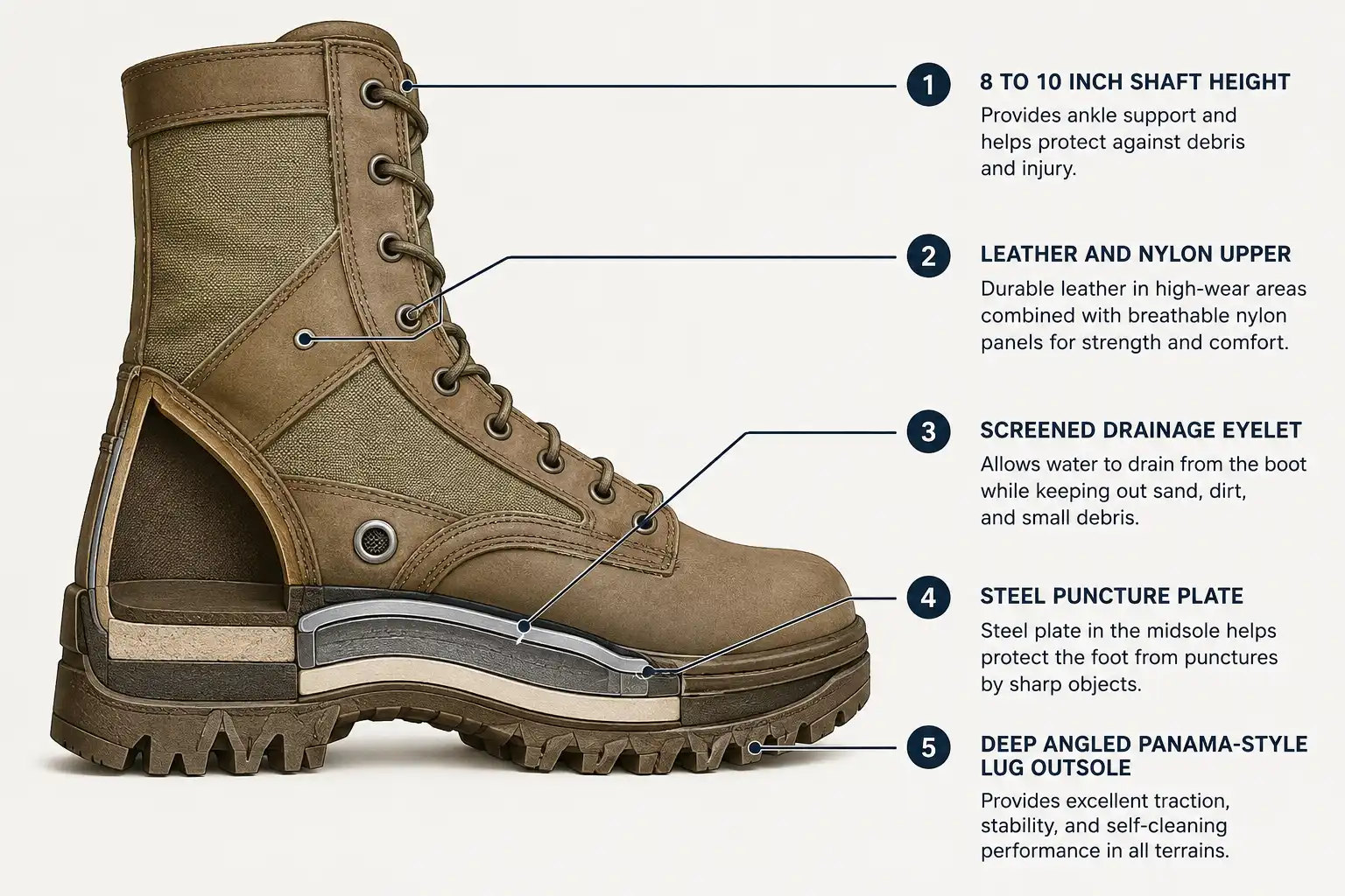 Side cutaway diagram of a combat boot showing the tall shaft, steel puncture plate, drainage eyelet, and deep lug outsole