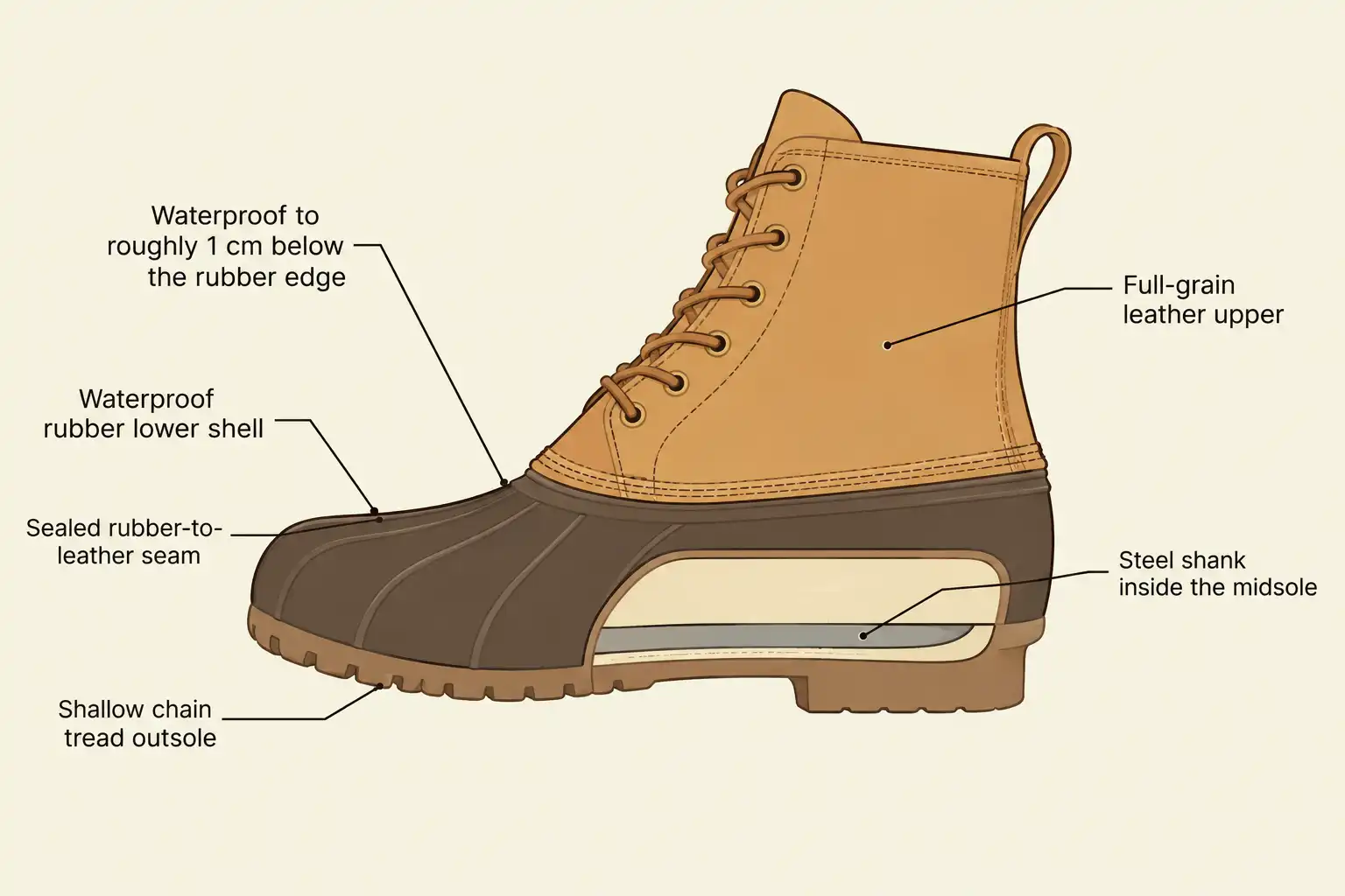 Side-view diagram of a duck boot with labels pointing to the waterproof rubber lower shell, the sealed seam, the leather upper, the steel shank, the thin footbed and the shallow chain tread outsole