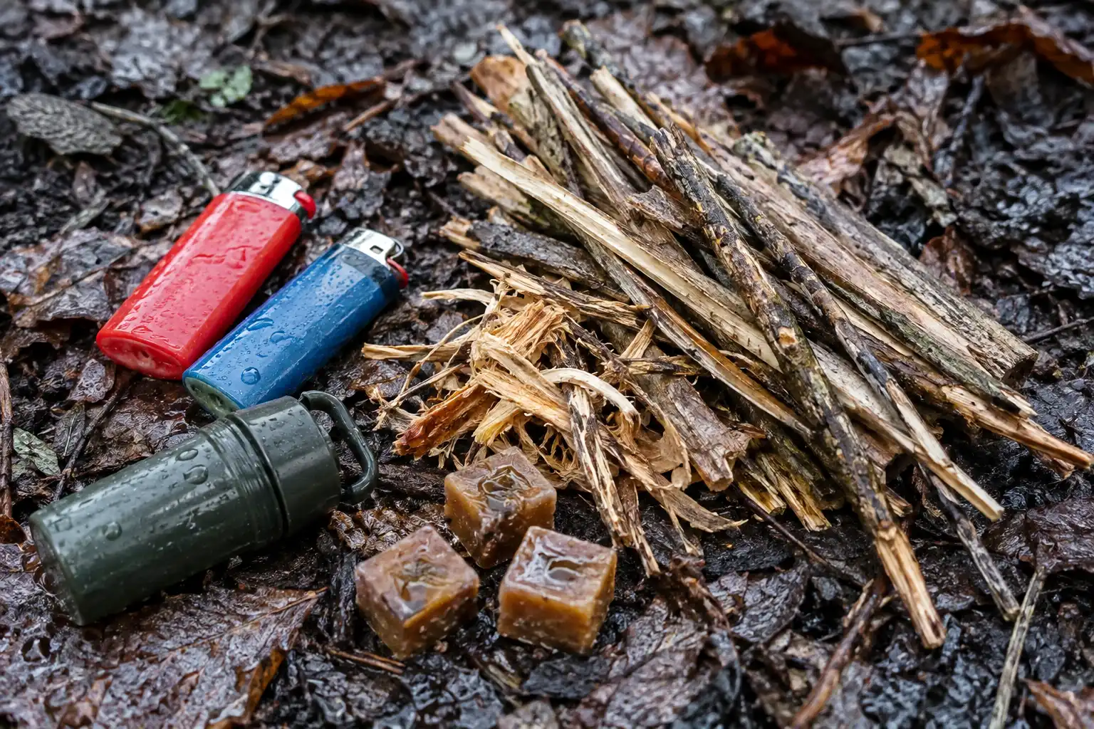 Two lighters, waterproof matches, and wax fire starter cubes arranged next to a small pile of damp kindling and tinder