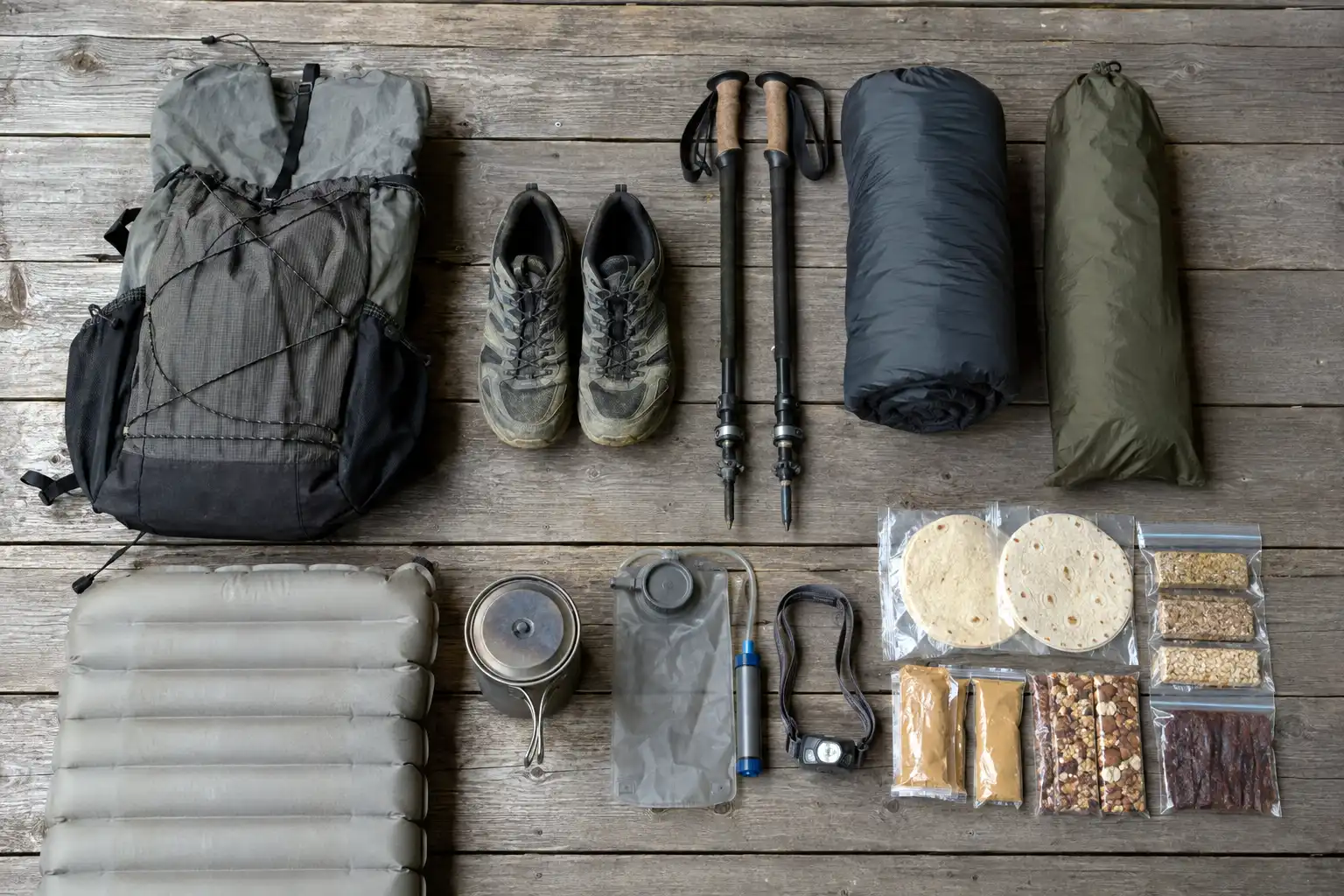 Flat lay of lightweight thru-hiking gear including trail runners, poles, and a small pack for 24 mile days