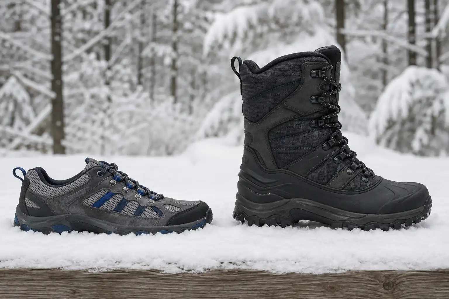 Side by side comparison of a low cut hiking shoe and a nine inch insulated winter boot standing in snow, showing the difference in shaft height