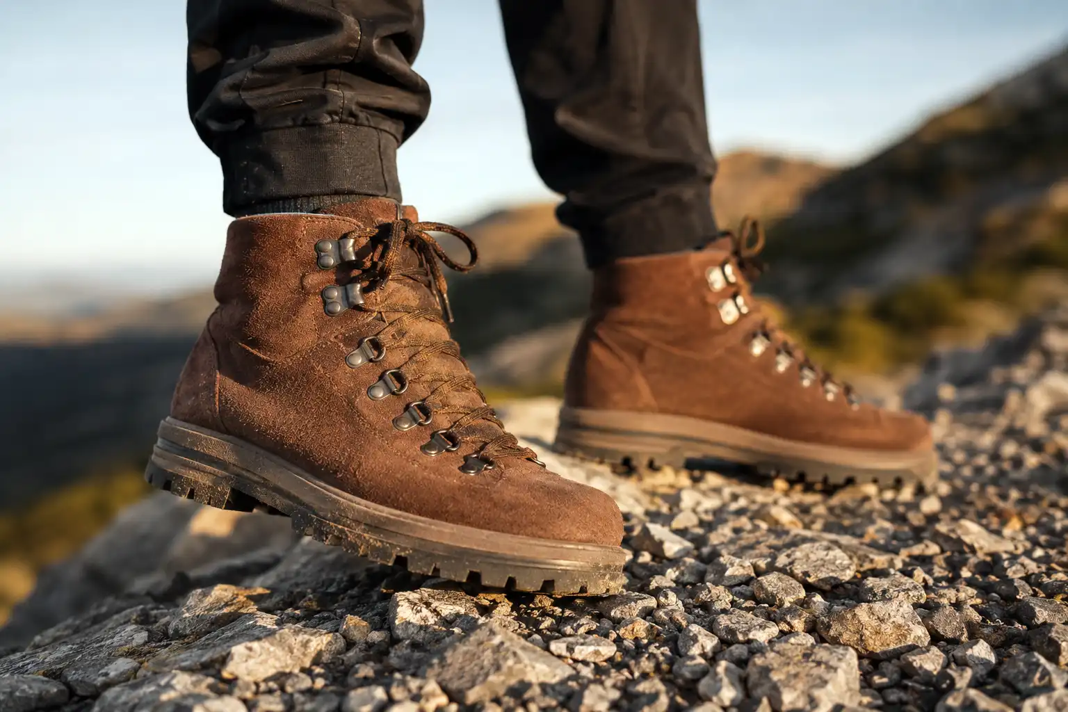 High top hiker boot with a lugged outsole and suede upper standing on loose rock, showing the trail ready Converse style