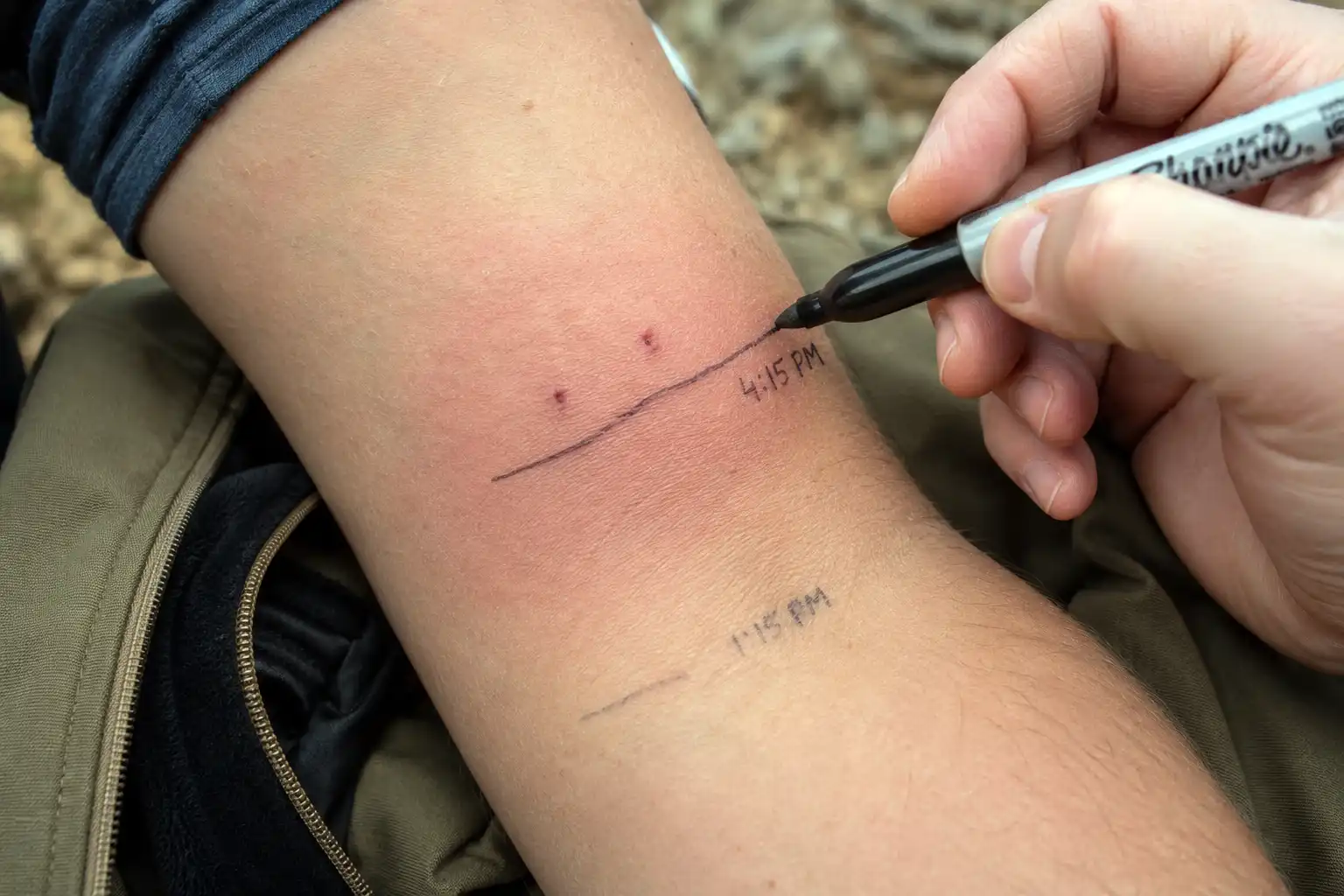 Hiker drawing a pen line at the edge of swelling on a snakebitten forearm and writing the time next to the mark