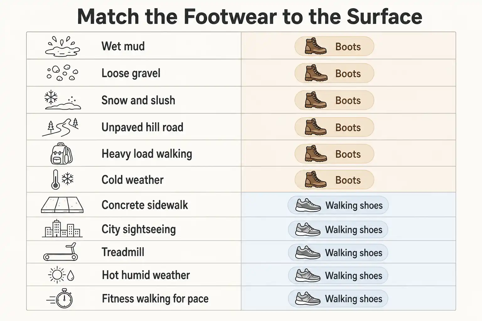 Chart matching walking surfaces such as mud, gravel, snow, sidewalk and treadmill to either hiking boots or walking shoes