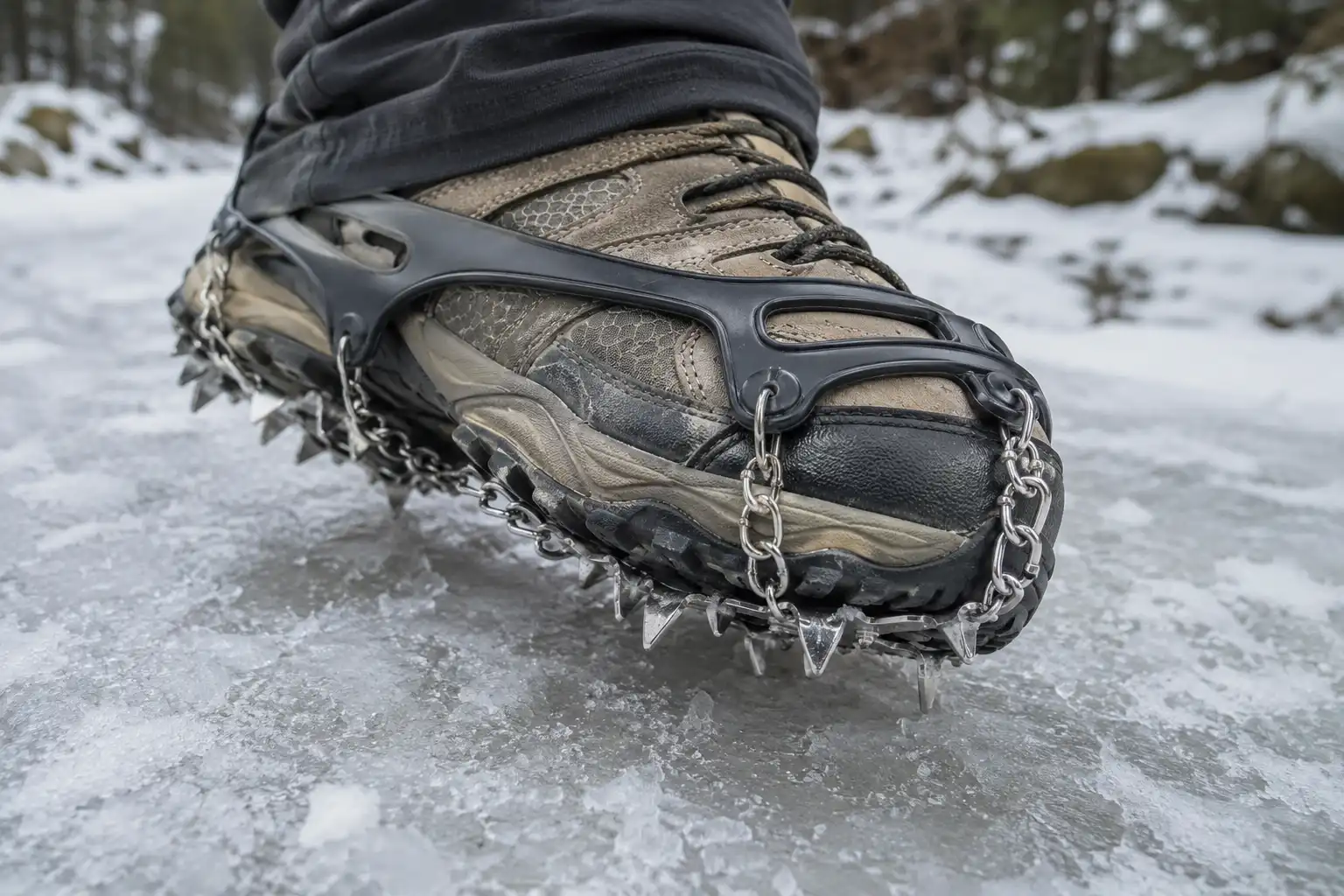 Chain and spike traction device fitted over a low cut hiking shoe standing on packed snow and ice