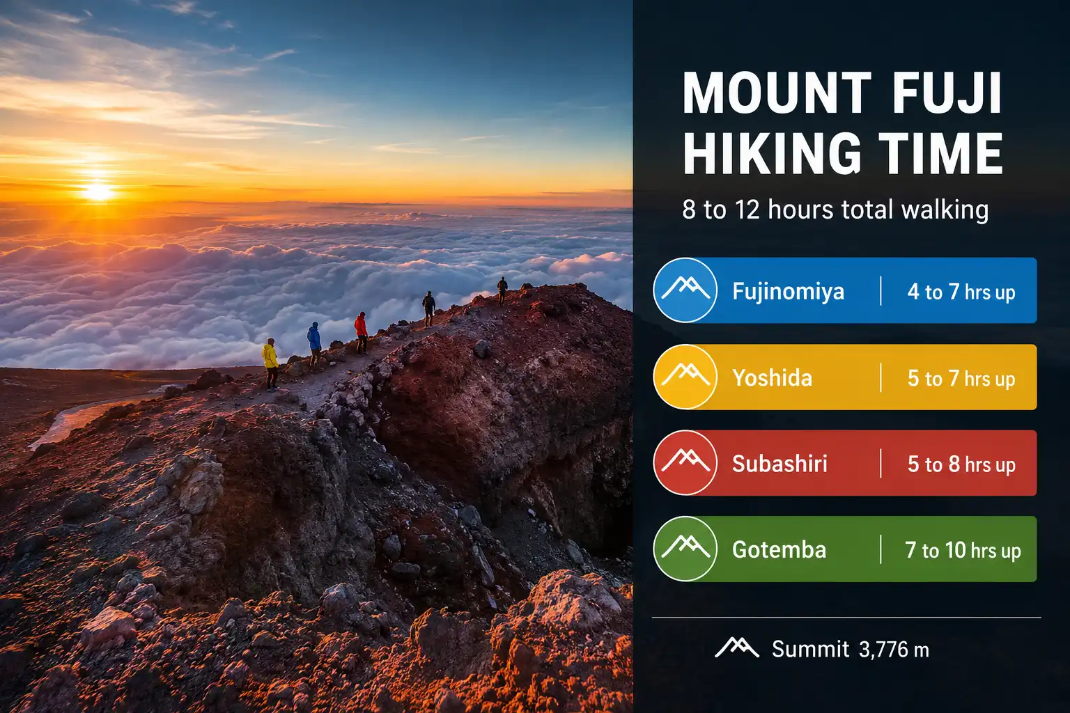 Mount Fuji summit at sunrise with an infographic panel showing hiking times of 4 to 10 hours up and 2 to 6 hours down across the four trails