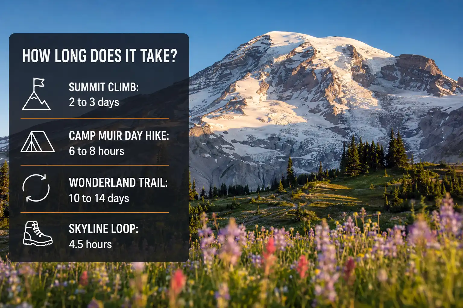 Mount Rainier at sunrise with a chart showing summit climbs take two to three days, Camp Muir six to eight hours, and the Wonderland Trail ten to fourteen days