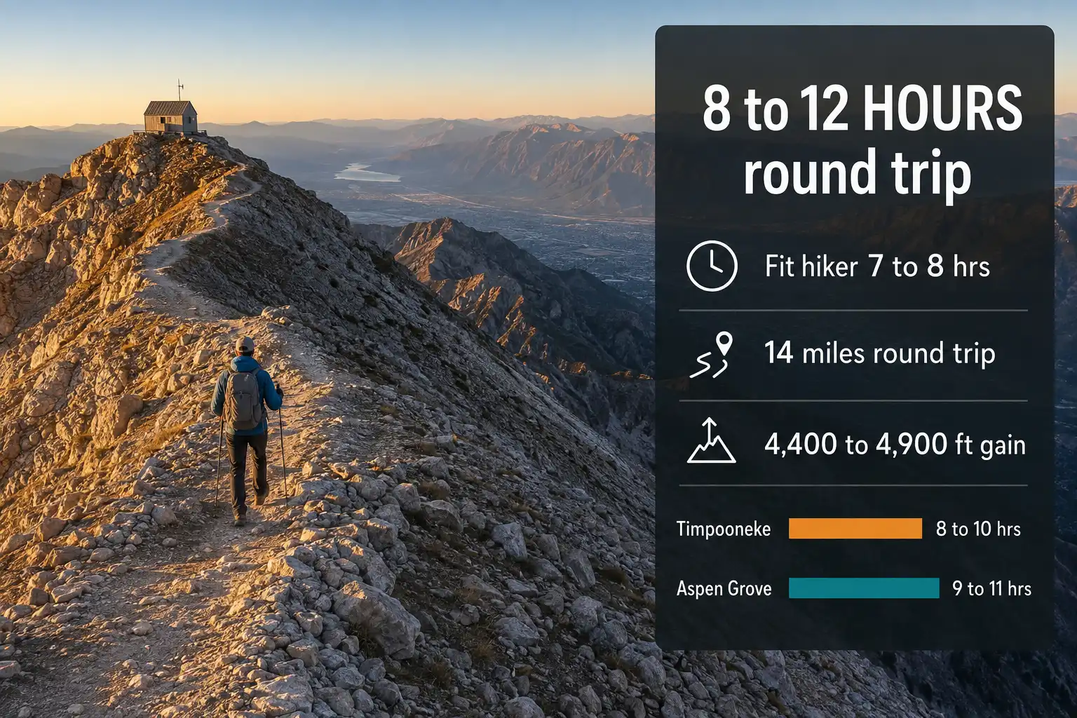 Hiker on the rocky summit ridge of Mount Timpanogos at sunrise with a chart showing an 8 to 12 hour round trip time, 14 miles distance, and 4,400 to 4,900 feet of elevation gain