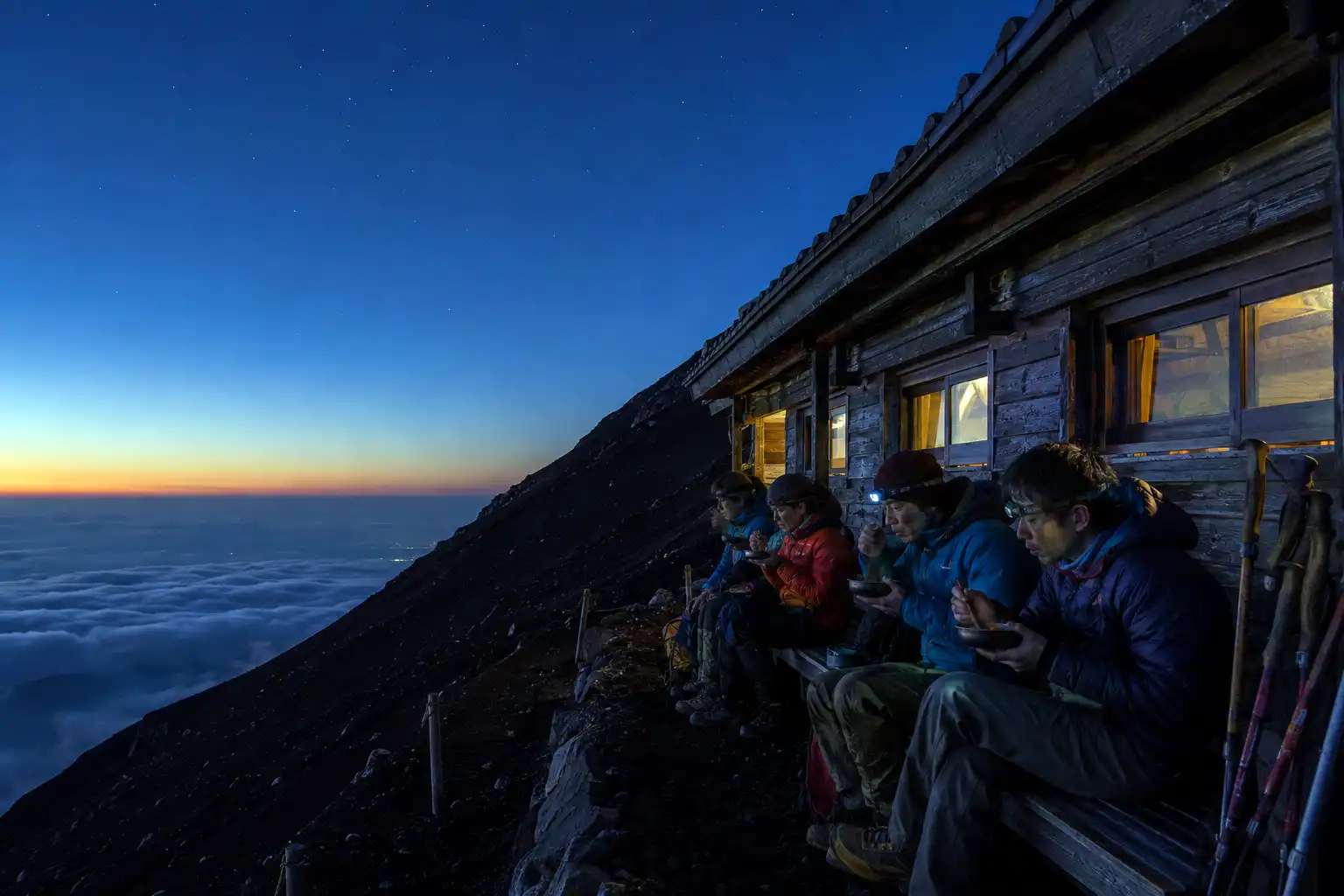 Wooden mountain hut built into the volcanic slope of the Yoshida Trail with hikers resting outside as evening light fades