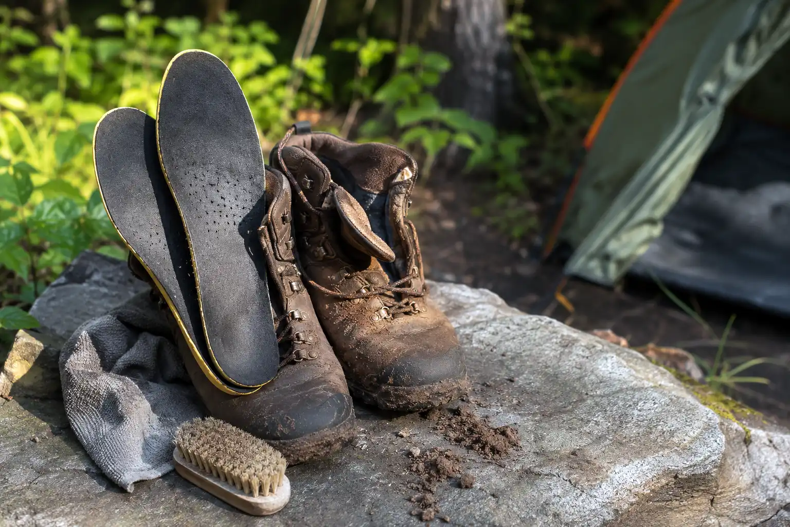Pair of muddy hiking boots with insoles removed drying beside a brush and cloth at a campsite