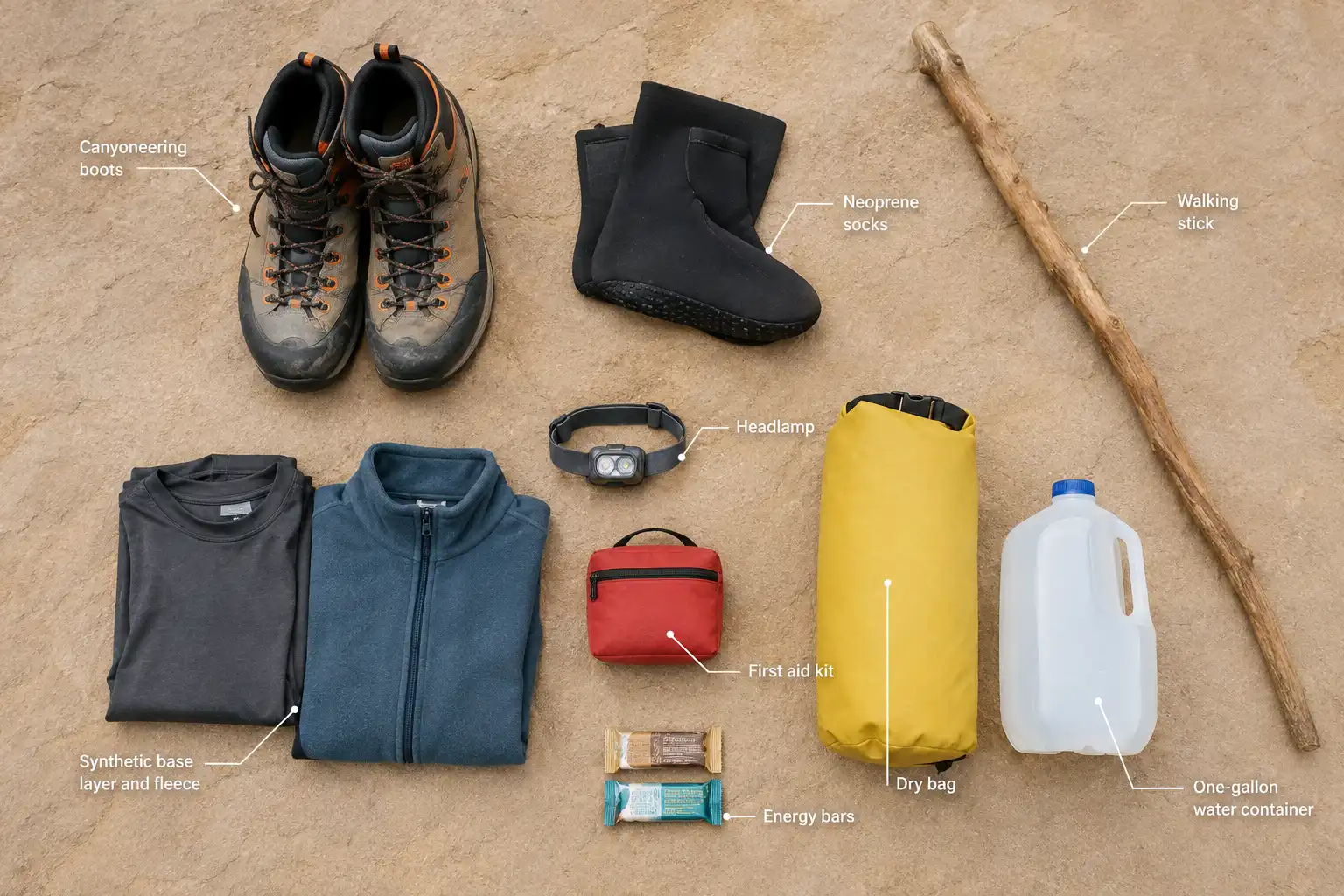 Overhead flat lay of Narrows hiking gear including canyoneering boots, neoprene socks, walking stick, dry bag, headlamp, and synthetic layers