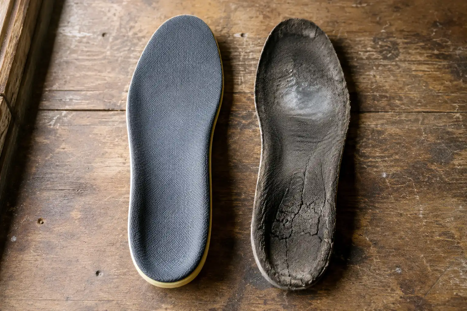 New thick boot insole next to a compressed insole with a worn heel area showing how cushioning flattens before the boot looks worn out