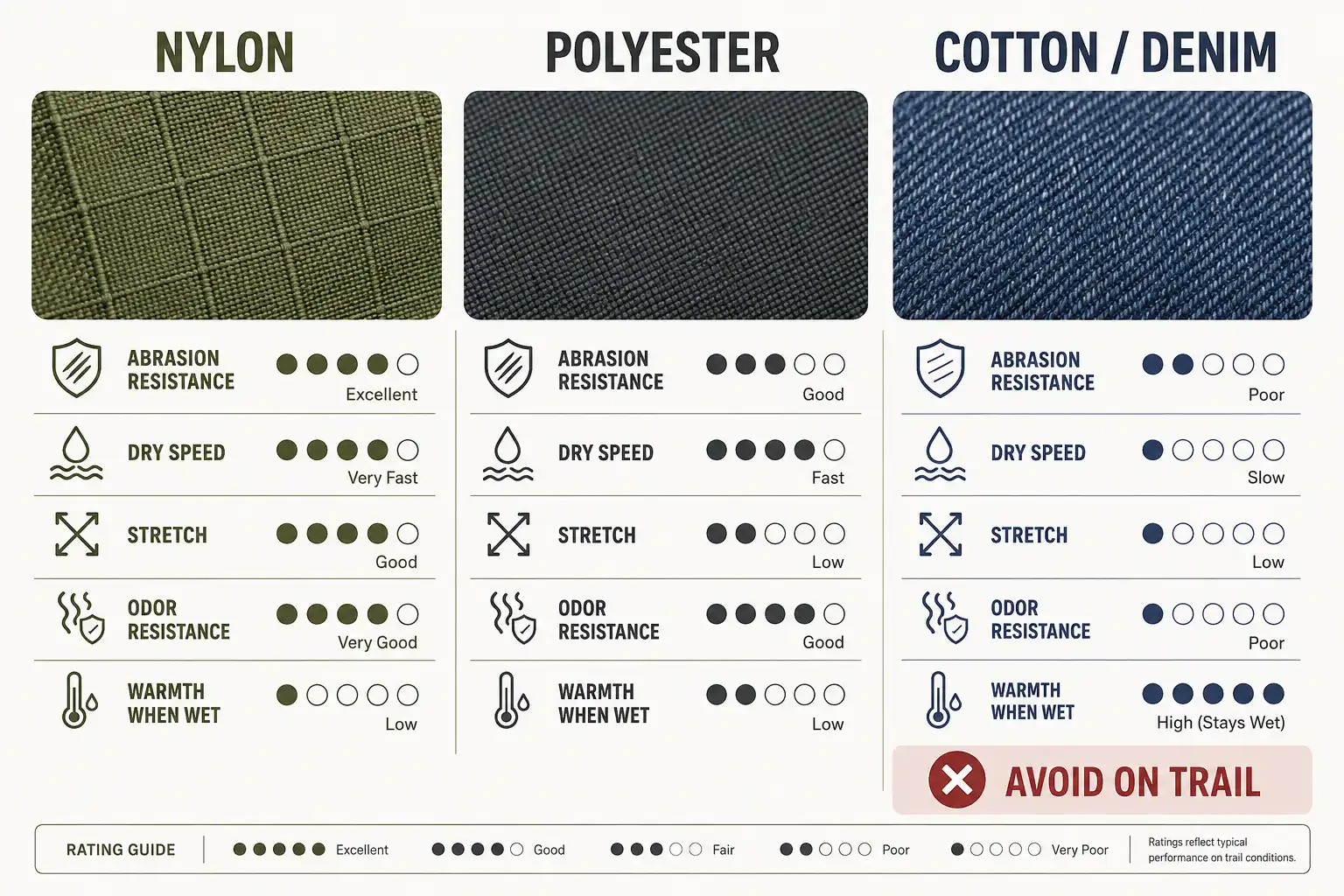 Three column infographic comparing nylon, polyester and cotton hiking pant fabric on abrasion resistance, drying speed, stretch, odor and warmth when wet