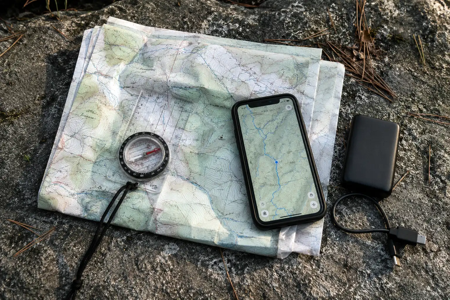 A folded paper topographic map, a baseplate compass, and a smartphone arranged side by side on a rock, showing a layered hiking navigation setup