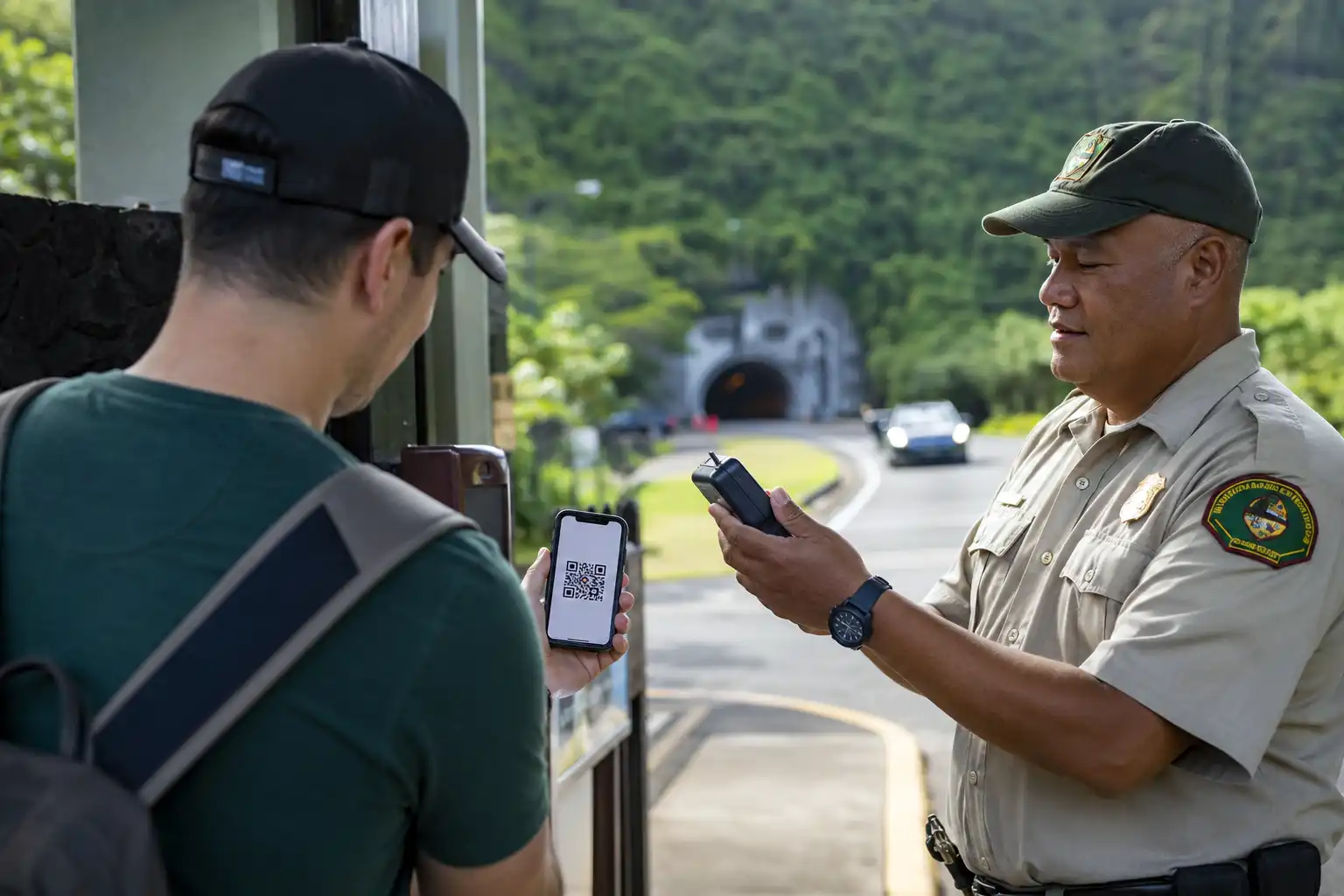 Visitor showing a reservation QR code on a phone to park staff at the Diamond Head State Monument entry booth