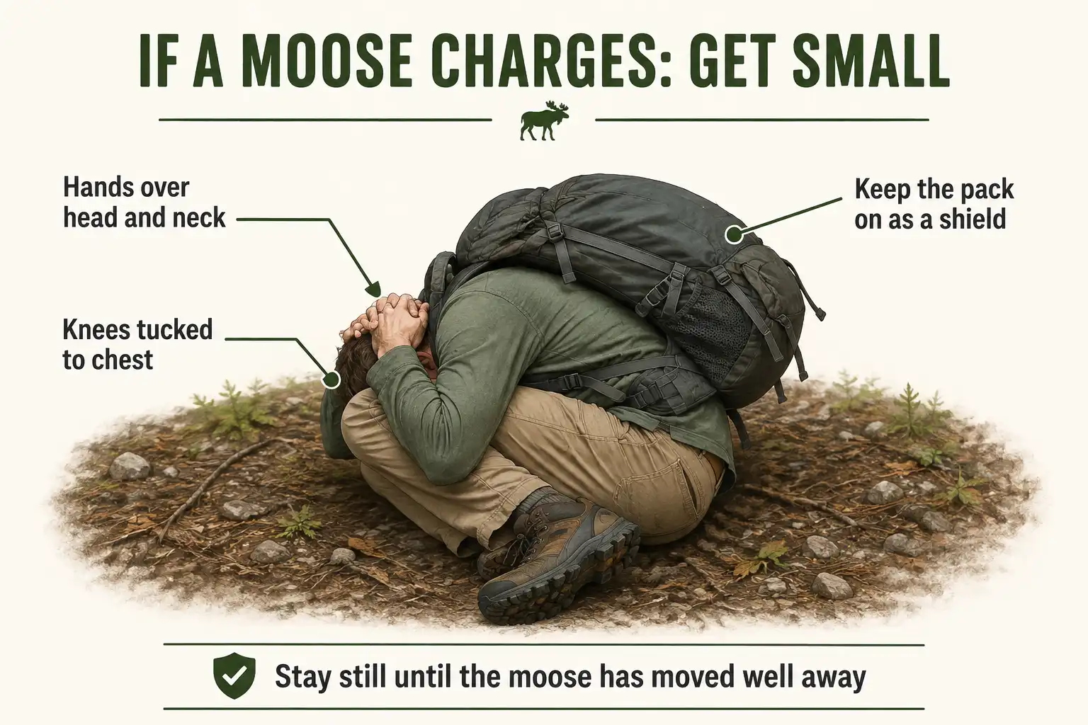 Correct position if a moose knocks you down, showing the body curled tight, hands laced over the back of the head and neck, and the backpack left on to shield the back
