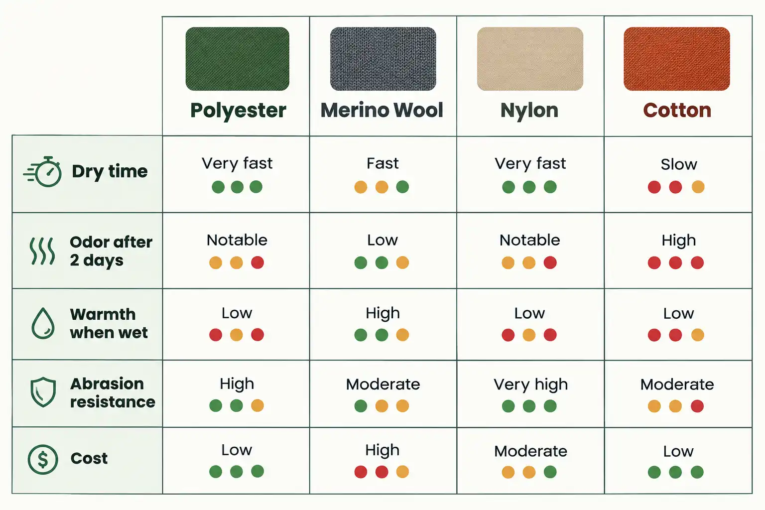Infographic table comparing polyester, merino wool, nylon, and cotton on dry time, odor, warmth when wet, durability, and cost for hiking