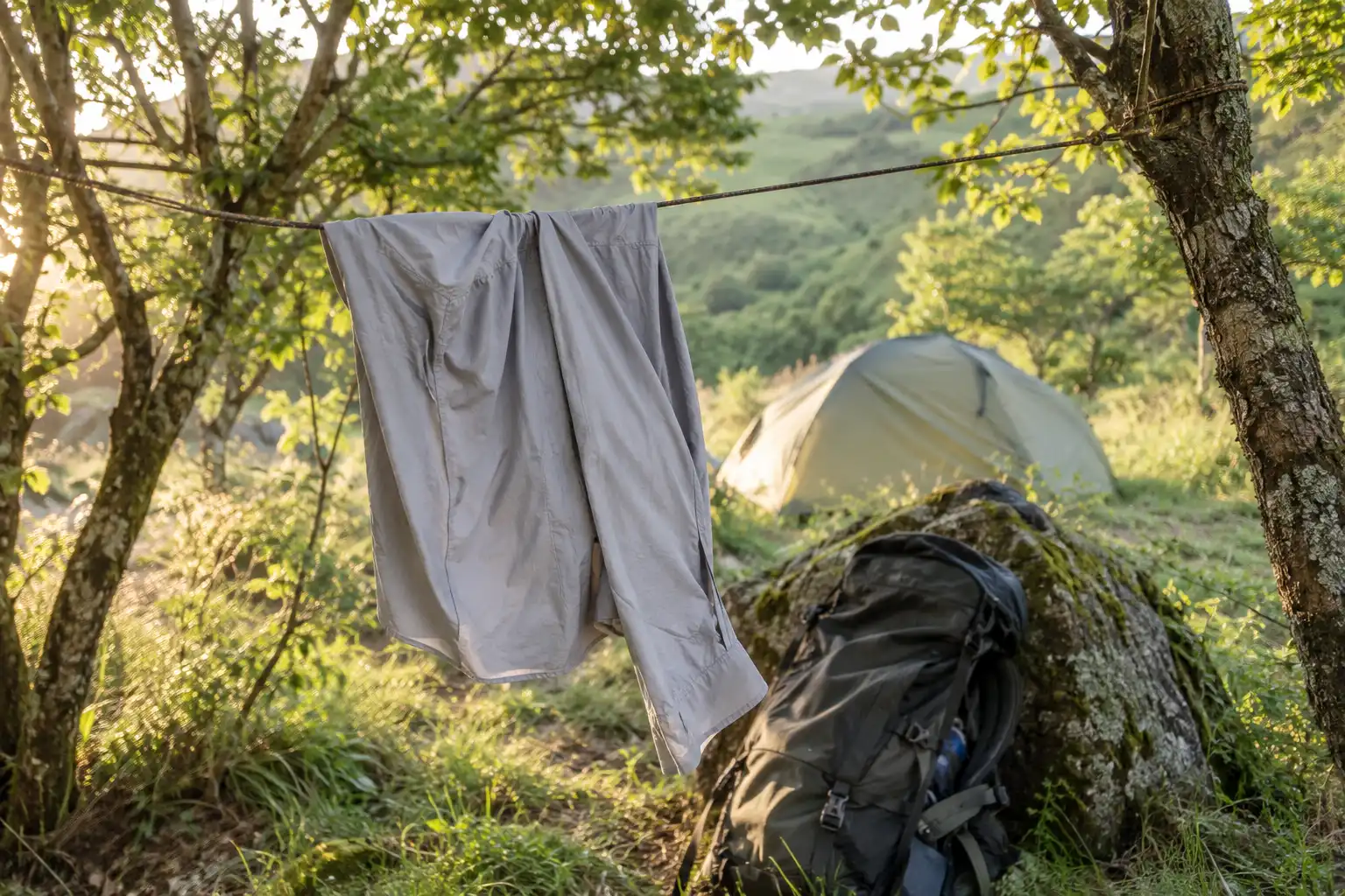 Wet polyester hiking shirt hanging on a cord between trees at a camp while a nylon pack leans against a rock nearby
