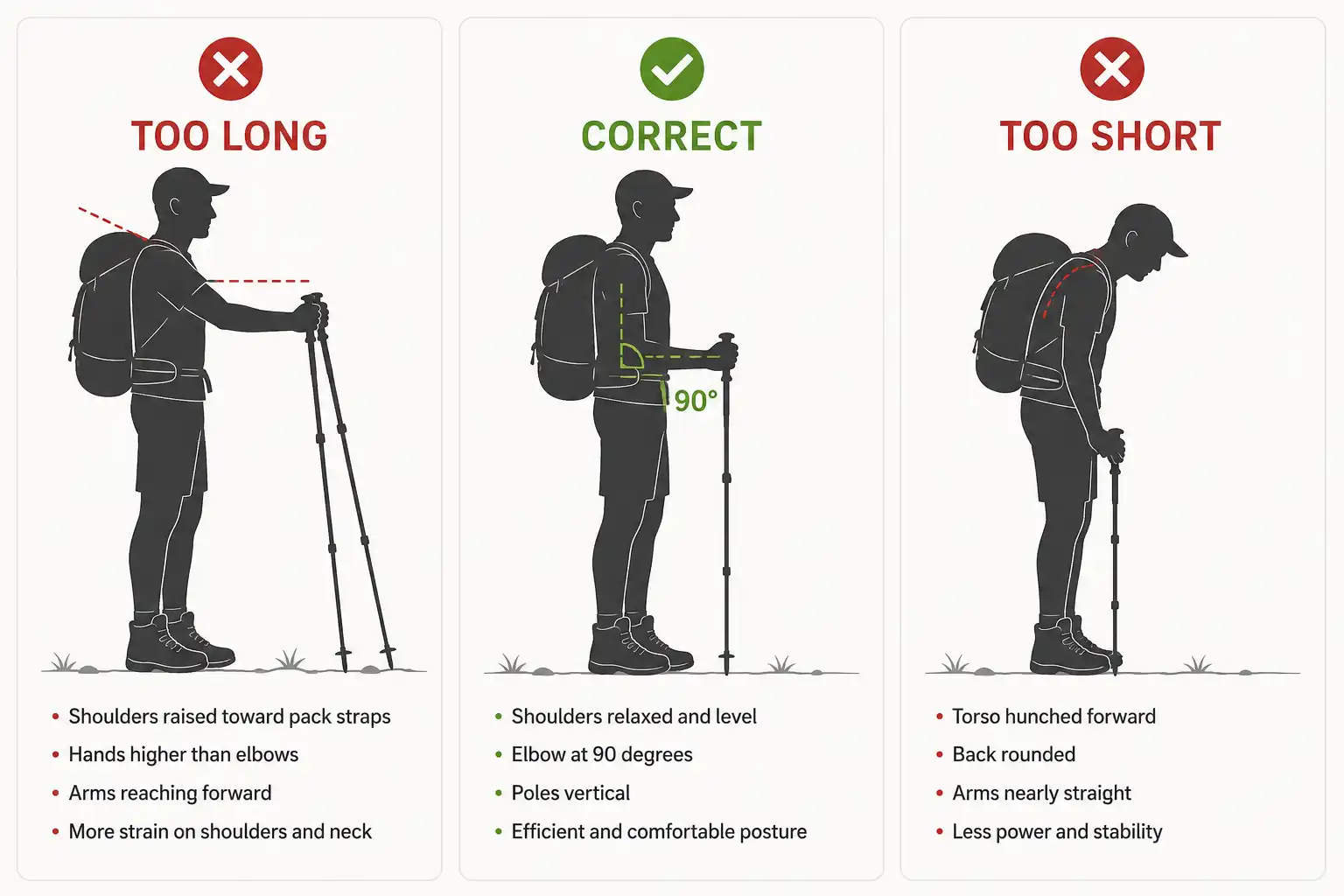Infographic comparing hiker posture with trekking poles that are too long, correctly sized and too short, showing raised shoulders and hunched back as warning signs