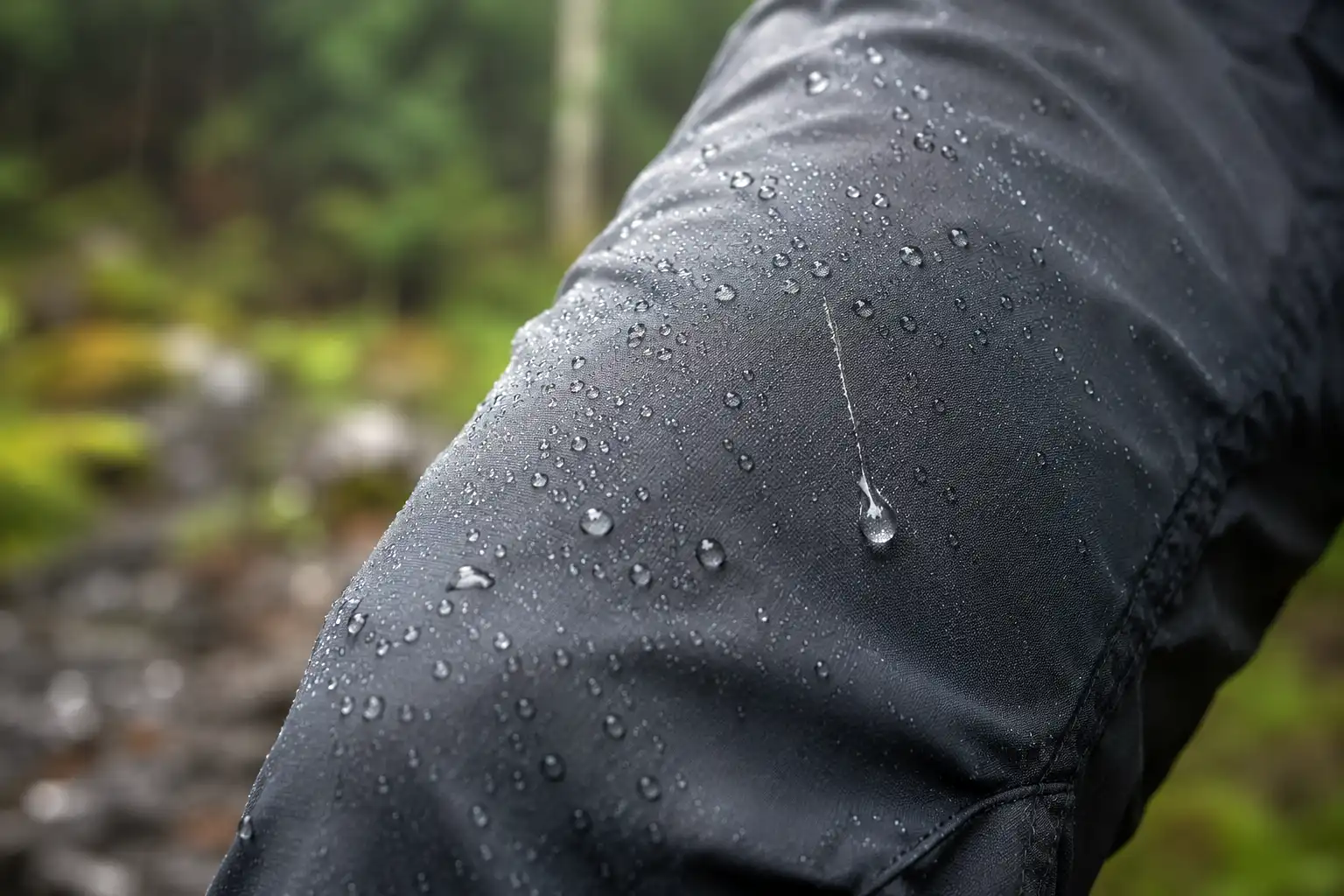 Macro shot of rain droplets beading on the surface of a DWR treated hiking pant leg instead of soaking into the fabric