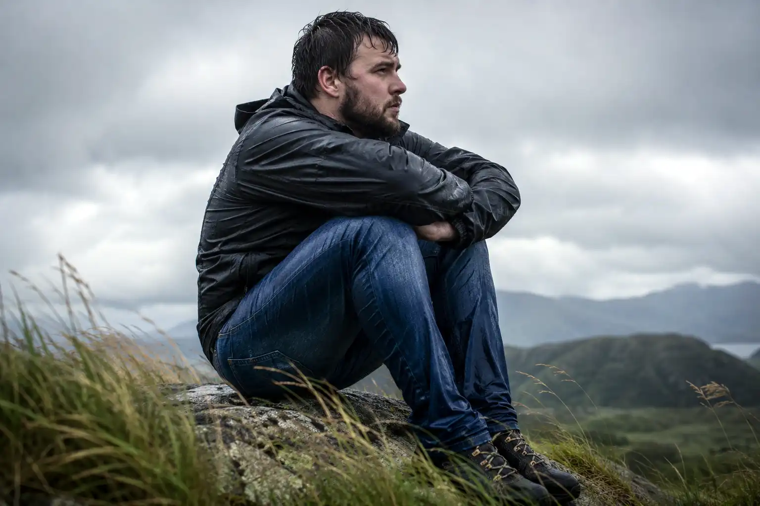 Hiker sitting on a cold windswept ridge with rain soaked blue jeans sticking to the legs, water darkening the denim from the knees down