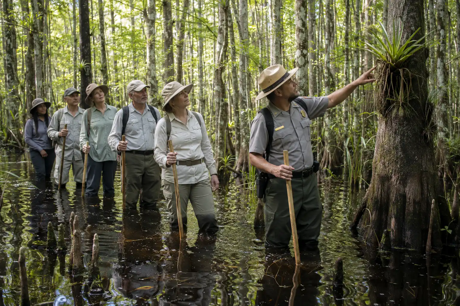 Small group wading through knee deep water on a ranger led slough slog wet walk inside an Everglades cypress dome