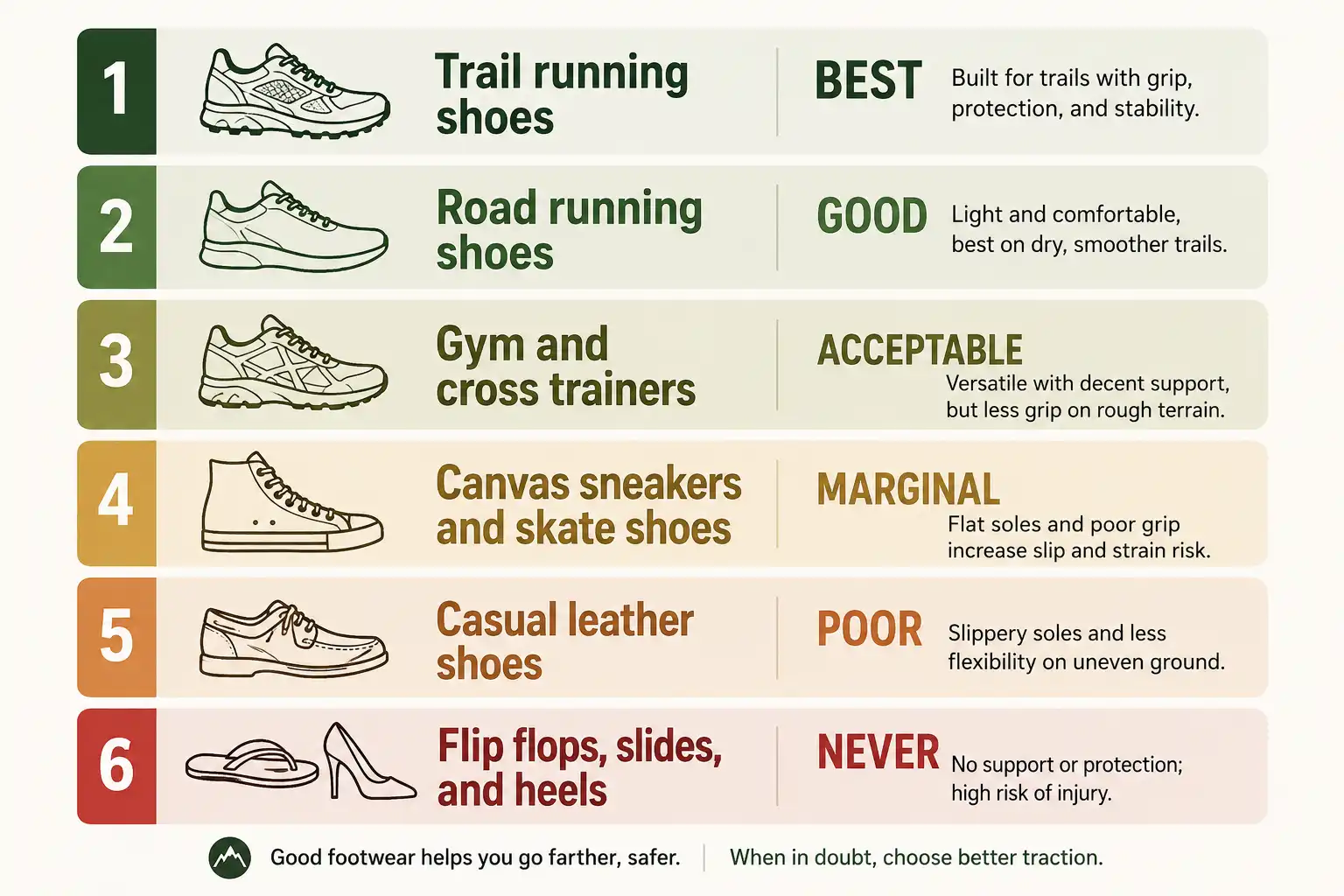 Ranked list showing trail runners as the best everyday shoe for hiking and flip flops as the worst