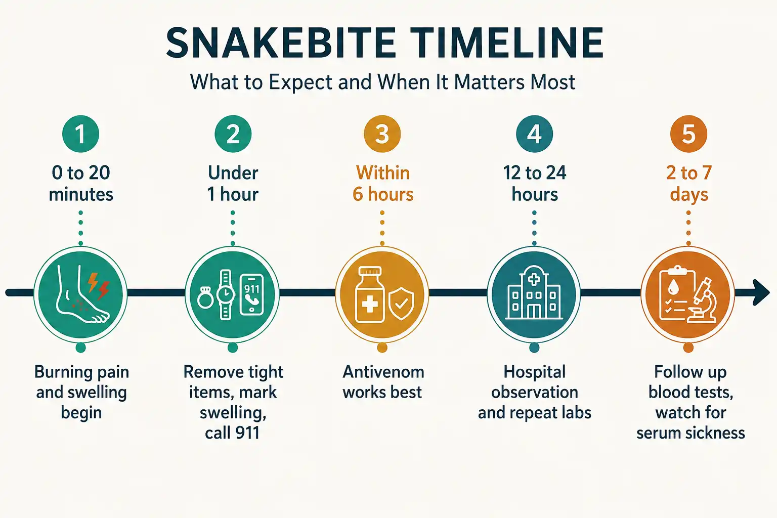 Timeline graphic of symptom onset within minutes, antivenom within six hours, observation for 24 hours, and follow up blood tests after several days
