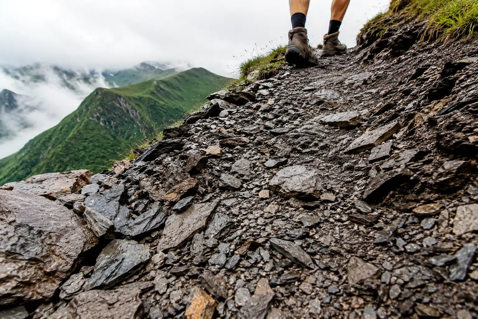 Steep trail covered in sharp broken rock in the Chittagong Hill Tracts of terrain unsuited to barefoot shoes